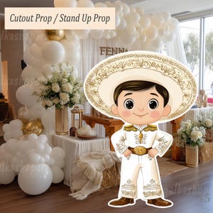 Grote Charro Boy Standee, Mexicaans Fiesta-feestrekwisiet, goud-witte folkloredecoratie, peuter Charrito-uitsnede, kinderverjaardagsachtergrond
