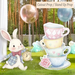 Grande découpe de tasses à thé, Alice au pays des merveilles voyageur debout, accessoire de thé du Chapelier fou, décoration d'anniversaire et de baby shower à Onederland, toile de fond grandeur nature