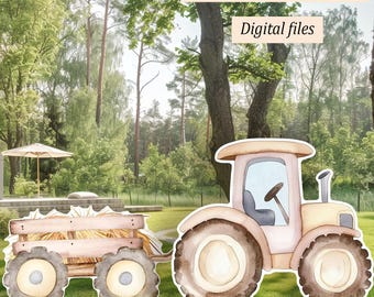 Big Cutout Decor: Tractor with Hay Cart Stand Up Prop; Farm Theme Baby Shower; Birthday Party Centerpiece; Barnyard backdrop; Yard Sign