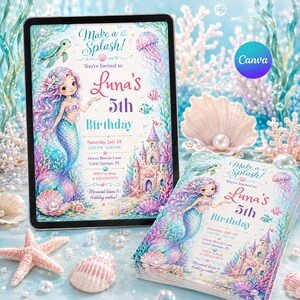 Editable mermaid birthday invitation template with pastel watercolor mermaid, sea turtle, jellyfish, fish, seashells, coral, bubbles, and under the sea castle for a girls ocean party.
