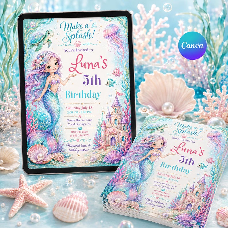 Editable mermaid birthday invitation template with pastel watercolor mermaid, sea turtle, jellyfish, fish, seashells, coral, bubbles, and under the sea castle for a girls ocean party.