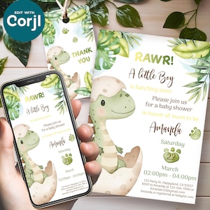 Bewerkbare uitnodigingssjabloon dinosaurusbabyshower, Gepersonaliseerde afdrukbare dino-uitnodiging en tag, Een kleine jongen komt binnenkort uit, e-uitnodigingskaart