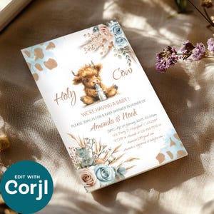 May include: A baby shower invitation with a watercolor illustration of a highland cow holding a bottle. The invitation is for Amanda and Noah and includes the text "Holy Cow! We're having a baby!" and details for the shower.