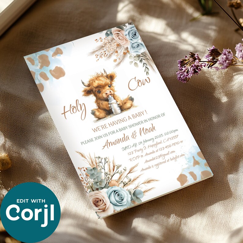 May include: A baby shower invitation with a watercolor illustration of a highland cow holding a bottle. The invitation is for Amanda and Noah and includes the text "Holy Cow! We're having a baby!" and details for the shower.