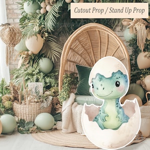 Duży słodki dinozaur w wyciętym jajku: cyfrowe pobieranie na baby shower i przyjęcie urodzinowe dla chłopca, drukowany stojak na podwórko, dinozaur jurajski