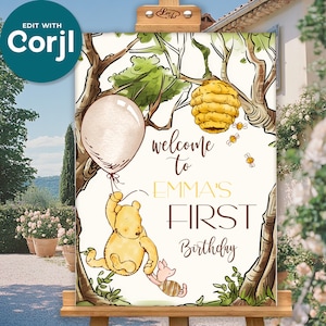 Editable Pooh Bear Welcome Sign – Hundred Acre Wood Baby Shower & Birthday Poster, Gender Reveal Printable, Nursery Wall Decor