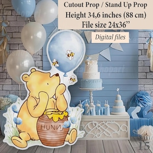 Do pobrania dekoracja wycinana: Klasyczny Kubuś Puchatek ze słoikiem i niebieskim balonem, Drukowana dekoracja stojąca, Dekoracja podwórka, Dekoracja stojąca