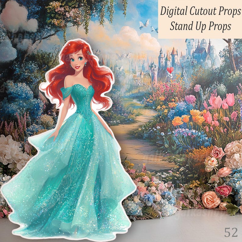 A stand-up prop featuring a cartoon illustration of a Mermaid princess with long red hair and a teal gown. The background depicts a colorful garden path leading to a castle, with the text "Digital Cutout Props Stand Up Props".
