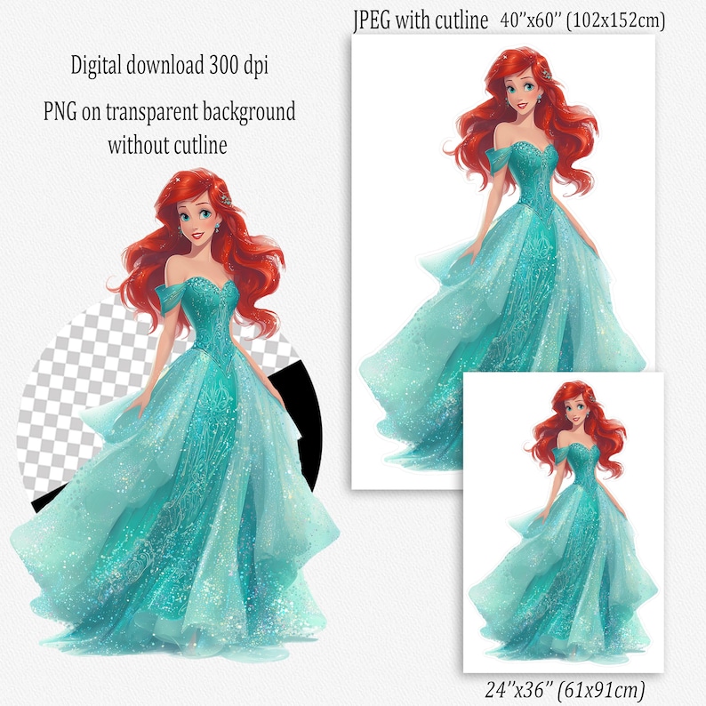 Digital download of a princess illustration. The Mermaid princess has long red hair and wears a teal off-the-shoulder gown. The image is available in multiple sizes, including 102x152cm and 61x91cm. The image is available as a JPEG with cutline and a PNG on a transparent background.
