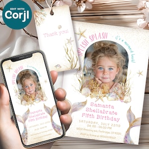 Convite de aniversário de sereia editável com foto – Modelo de festa de menina submarina, Shellabration mágico, cartão de aquarela Corjl para impressão