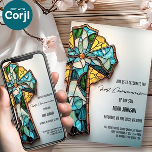Plantilla editable de invitación de primera comunión, diseño de vitral con cruz de niño, invitación electrónica personalizada e imprimible, ceremonia cristiana religiosa