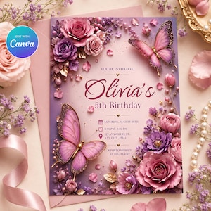 May include: A rectangular birthday invitation card featuring pink and purple roses, lavender sprigs, and two butterflies. The text reads: You're invited to Olivia's 5th Birthday, Saturday, August 28th, 2:00 PM - 5:00 PM, 125 Anywhere St., Any City, 12345, RSVP to Mommy at 555-123-4567.