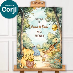 Editable Welcome Sign with Classic Winnie the Pooh; Baby Shower, Birthday, Gender Reveal Decor; Hundred Acre Wood Design; Nursery Wall Art