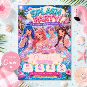 Könnte beinhalten: Eine rechteckige Einladungskarte mit vier Anime-Figuren mit buntem Haar, einer Geburtstagstorte und dem Text SPLASH PARTY! Join us for a fun pool celebration. Details zu Olivias 8. Geburtstag, Datum, Uhrzeit und Ort sind aufgeführt.
