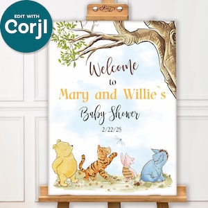 Editable Welcome Sign with Classic Winnie the Pooh  and friends, Baby Shower & Birthday Decoration, Gender Reveal, Hundred Acre Wood Design