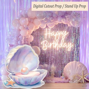 Standee van groot schelpdier met parel: zeemeerminthema verjaardag of babyshower decoratie, onderwater oceaanfeest afdrukbare uitsparing, stand-up prop