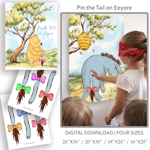 Puede incluir: Un juego de fiesta "Pin the Tail on Eeyore". El juego incluye un póster de Eeyore, una venda y varias colas con lazos. El póster está disponible en cuatro tamaños: 61x91cm, 51x76cm, 46x61cm y 41x51cm.