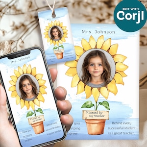 Tarjeta de agradecimiento para el maestro editable con foto personalizada de niño en girasol, regalo y etiqueta imprimibles personalizados, agradecimiento de fin de año escolar.