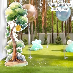 May include: A digital cutout prop of a tree with a beehive and bees. The tree is brown with green leaves and a yellow beehive. The text "Digital Cutout Prop Stand Up Prop" is in the upper right corner. Two balloons and a green lawn are in the background.