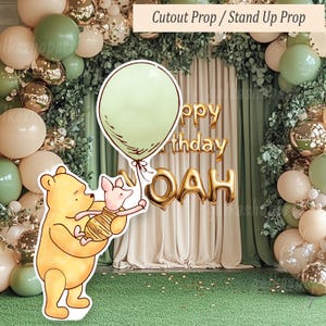Digital Cutout Decor, Classic Winnie the Pooh and Piglet with green balloon for Baby Shower & Birthday party Printable stand up prop Standee