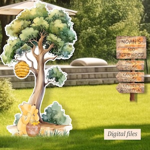 Downloadable cutout decor: Classic Winnie the Pooh with honey jar under tall tree, Printable stand up prop, Backyard sign Standee decoration
