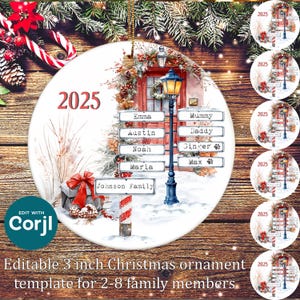 Gepersonaliseerde kerstdeurscène: bewerkbare Corjl-sjabloon met achternaam en jaar, aquarel kerstversiering met straatnaambord, lantaarnpaal