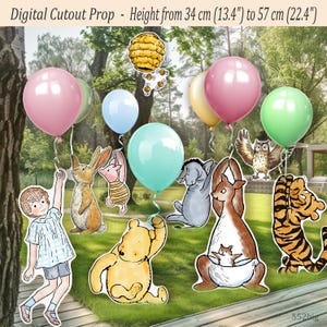 May include: Digital cutout props featuring characters from a children's story, including a boy, Winnie the Pooh, Piglet, Eeyore, Tigger, and others. The props are accompanied by colorful balloons and a beehive. Height ranges from 13.4" to 22.4".