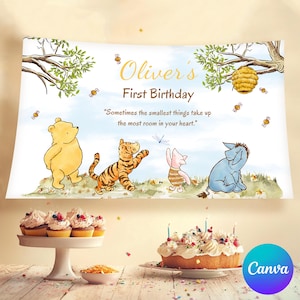Classic Pooh Backdrop Canva Template, Editable Birthday Banner, Baby Shower or Gender Reveal Sign