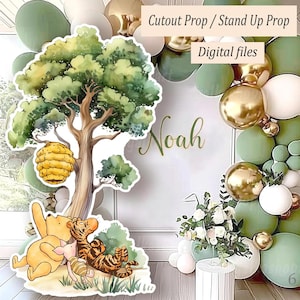 Downloadable cutout decor: Classic Winnie the Pooh and friends under tall tree, Printable stand up prop, Backyard sign, Standee decoration
