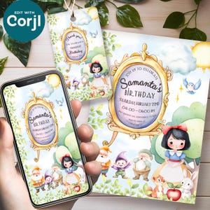 Invitación y etiqueta de cumpleaños de Blancanieves con diseño editable, fiesta de princesas, plantilla de invitación de nacimiento, tarjeta de invitación electrónica e imprimible personalizada.