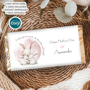 Editable Mothers Day Chocolate Wrapper: Personalized Bunny Candy Bar Label, Printable Rabbit Gift, Corjl Template