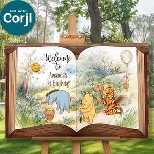 Editable Welcome Sign with Classic Winnie the Pooh and friends, Baby Shower & Birthday Decoration, Gender Reveal, Hundred Acre Wood Design