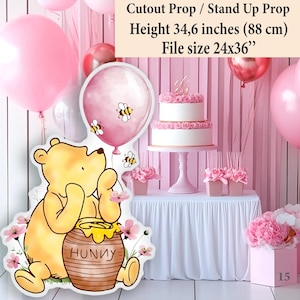 Decoración recortable descargable: Winnie the Pooh clásico con tarro de miel y globo rosa, accesorio de stand imprimible, decoración de patio, decoración de stand