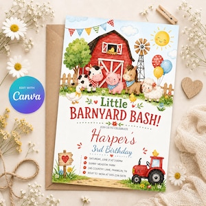 Pode incluir: Um convite de aniversário retangular com um celeiro vermelho, um moinho de vento e animais de fazenda como uma vaca, porco, cavalo, ovelha e pintinhos. O texto diz Little BARNYARD BASH! Harper's 3rd Birthday, Saturday, June 21 at 2:00PM, Sunny Meadow Farm, 245 Country Lane, Franklin, TN, RSVP to Mom at 555-234-5678.