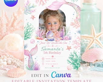 Mermaid Birthday Invitation With Photo, Editable Canva Under Sea Party Template