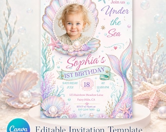 Editable Mermaid First Birthday Invitation With Photo, Under the Sea Canva Party Invite