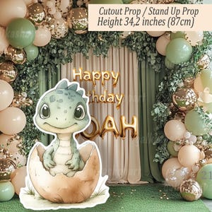 Decoración recortada de huevo con dinosaurio grande y lindo: descarga digital para baby shower y fiesta de cumpleaños, stand de exhibición para patio trasero imprimible, dinosaurio jurásico