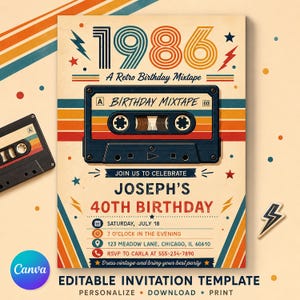 May include: A retro-themed birthday invitation template featuring the text 1986, A Retro Birthday Mixtape, and Joseph's 40th Birthday. The design includes a cassette tape graphic, colorful horizontal stripes, lightning bolts, and stars on a cream background.