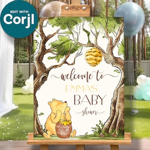 Editable Welcome Sign with Classic Winnie the Pooh, Baby Shower and Birthday & Gender Reveal Decoration, Open Book, Hundred Acre Wood Design
