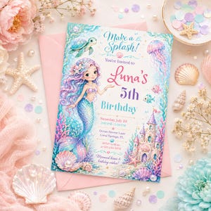Editable mermaid birthday invitation template with pastel watercolor mermaid, sea turtle, jellyfish, fish, seashells, coral, bubbles, and under the sea castle for a girls ocean party.