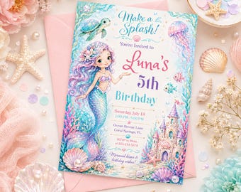 Invitación de cumpleaños de sirena editable: Plantilla Canva Bajo el mar, Tarjeta de invitación para fiesta oceánica de niñas (Descarga digital)