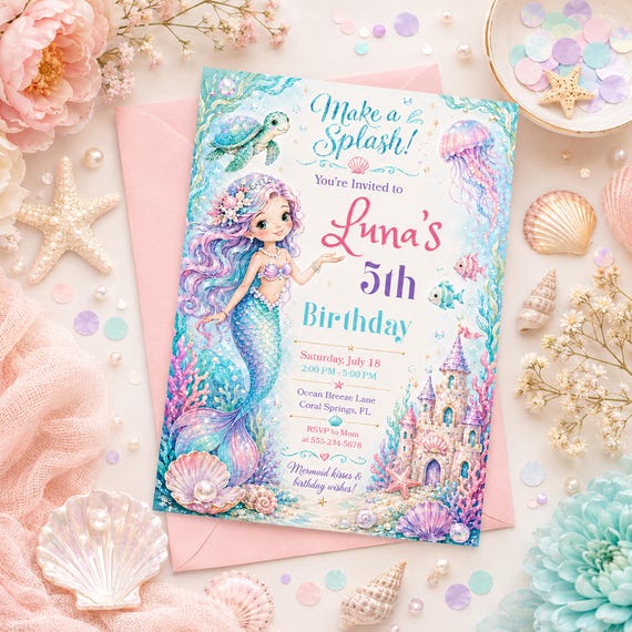 Editable Mermaid Birthday Invitation: Under the Sea Canva Template, Girls Ocean Party Invite Card (Digital Download)
