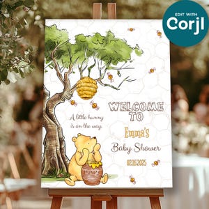 Personalized Welcome Sign Template with Classic Winnie The Pooh: Editable baby shower birthday & gender reveal party decor Hundred acre wood