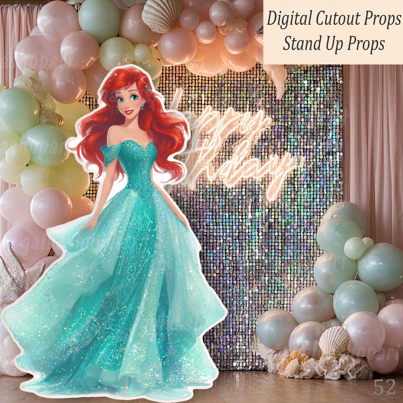 A teal Mermaid princess cutout prop with red hair, set against a backdrop of balloons, seashells, and a sequined wall with neon "Happy Birthday" lettering. The image is labeled "Digital Cutout Props Stand Up Props."