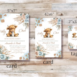May include: A set of printable baby shower invitations featuring a cute cartoon cow with a bottle. The invitations are in a light blue and brown color scheme with a watercolor floral design. The text on the invitations reads "Holy Cow! We're having a baby!" and includes the names Amanda & Noak. The invitations are available in three sizes: 5x7 inches, 4x6 inches, and 2x3.5 inches.