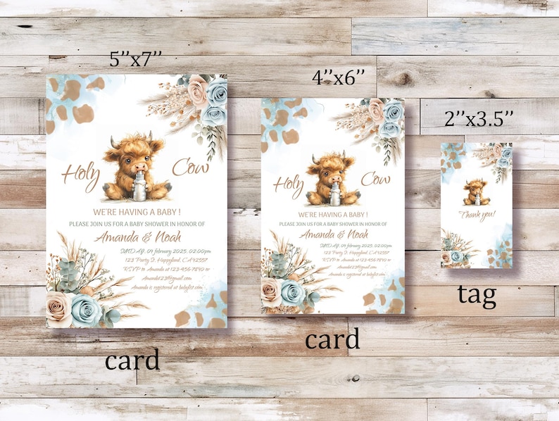May include: A set of printable baby shower invitations featuring a cute cartoon cow with a bottle. The invitations are in a light blue and brown color scheme with a watercolor floral design. The text on the invitations reads "Holy Cow! We're having a baby!" and includes the names Amanda & Noak. The invitations are available in three sizes: 5x7 inches, 4x6 inches, and 2x3.5 inches.