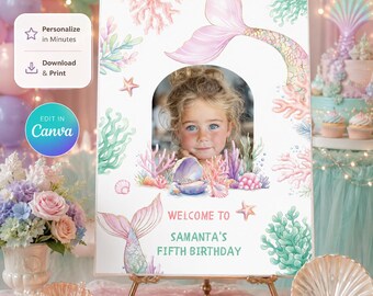 Plantilla de Canva para cartel de bienvenida de cumpleaños de sirena, póster de fiesta con foto editable, decoración bajo el mar