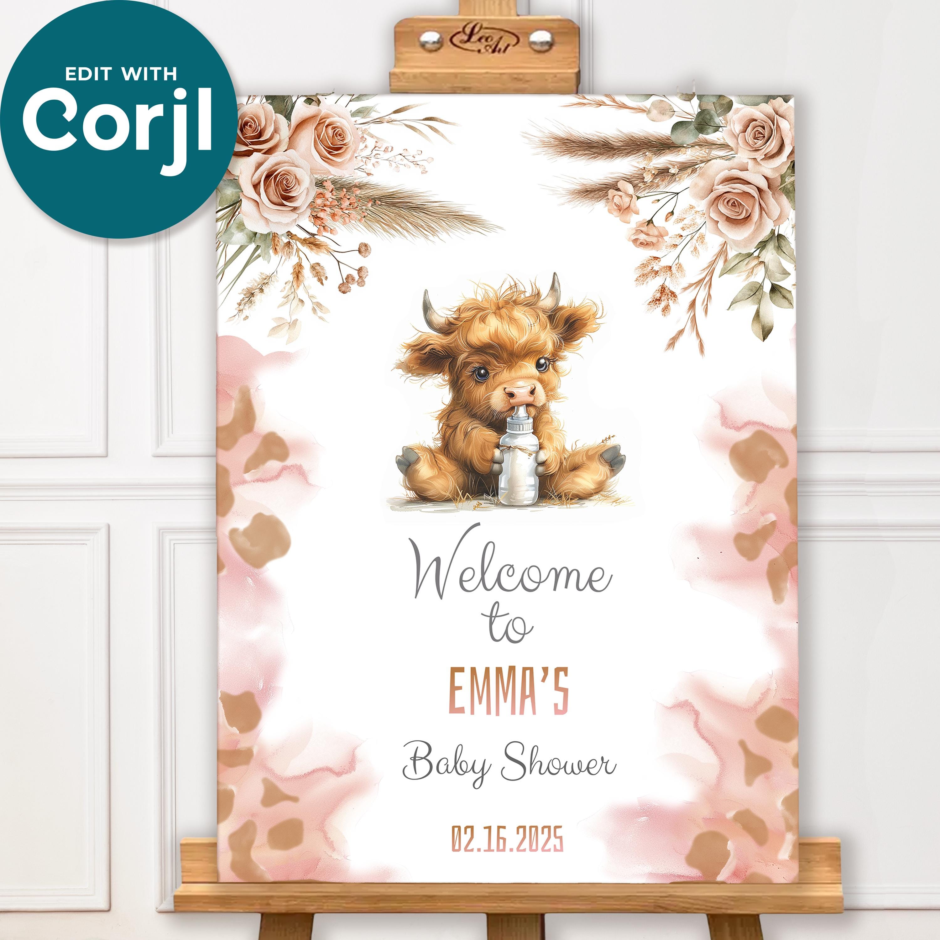 Editable Highland Cow Baby Shower Welcome Sign – Rustic Farmhouse Decor with Boho Pampas Grass & Dusty Rose – Printable Party Template