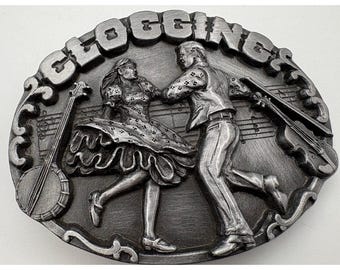 Hebilla de cinturón de peltre para zapateo de Siskiyou Buckle Co., 1987, EE. UU., música de baile, banjo, violín