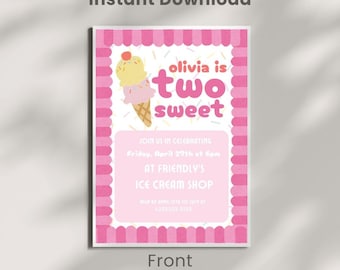 Two Sweet Ice Cream Birthday Invitation- Editable Instant Download